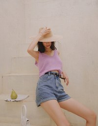 High Waisted Roll Up Denim Jeans Shorts (With Belt)