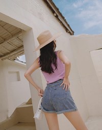 High Waisted Roll Up Denim Jeans Shorts (With Belt)