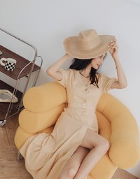 Retro Metallic Button Splice Maxi Dress (With Belt)