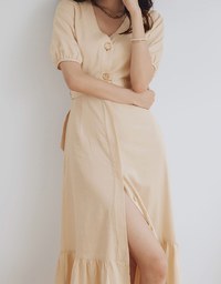 Retro Metallic Button Splice Maxi Dress (With Belt)