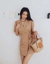 Edgy Chic Side-Tie Scrunch Puff Sleeve Suit Mini Dress