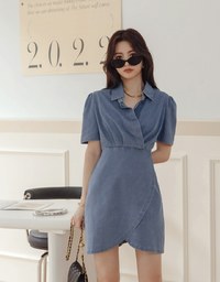 Voguish Arc Overlap Scrunch Denim Jeans Mini Dress