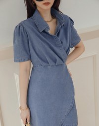 Voguish Arc Overlap Scrunch Denim Jeans Mini Dress