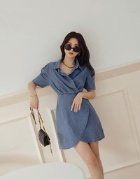 Voguish Arc Overlap Scrunch Denim Jeans Mini Dress