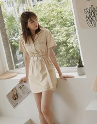 Paperbag-Waist Splice Lapel Mini Dress (With Belt)