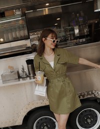 Paperbag-Waist Splice Lapel Mini Dress (With Belt)
