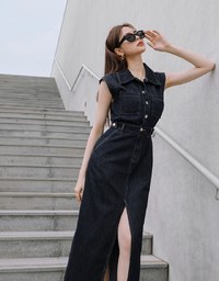 【Vacanza 】 Long Denim Jeans Dress With Lapel Collar And Placket Button Slit