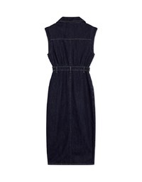 【Vacanza 】 Long Denim Jeans Dress With Lapel Collar And Placket Button Slit