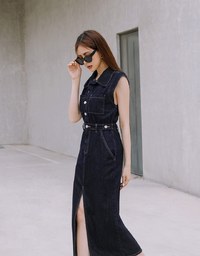 【Vacanza 】 Long Denim Jeans Dress With Lapel Collar And Placket Button Slit