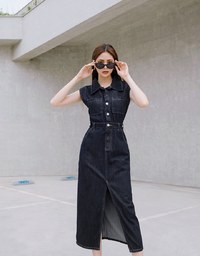 【Vacanza 】 Long Denim Jeans Dress With Lapel Collar And Placket Button Slit