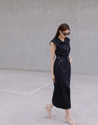 【Vacanza 】 Long Denim Jeans Dress With Lapel Collar And Placket Button Slit