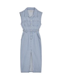 【Vacanza 】 Long Denim Jeans Dress With Lapel Collar And Placket Button Slit