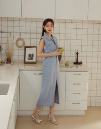 【Vacanza 】 Long Denim Jeans Dress With Lapel Collar And Placket Button Slit