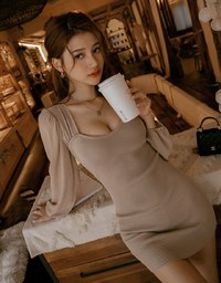Square Neck Gauze Knit Mini Dress