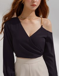 Overlapping One Shoulder Gold Chain Crop Top