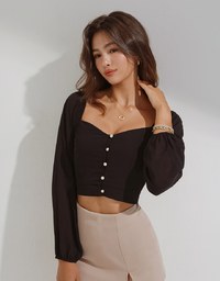 Square Neck Sheer Bead Button Puff Sleeves Crop Top