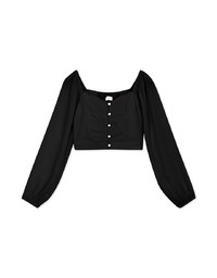 Square Neck Sheer Bead Button Puff Sleeves Crop Top