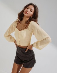 Square Neck Sheer Bead Button Puff Sleeves Crop Top