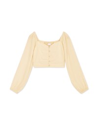 Square Neck Sheer Bead Button Puff Sleeves Crop Top