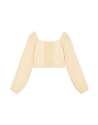 Square Neck Sheer Bead Button Puff Sleeves Crop Top