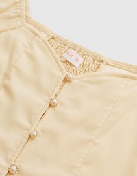 Square Neck Sheer Bead Button Puff Sleeves Crop Top