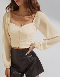 Square Neck Sheer Bead Button Puff Sleeves Crop Top