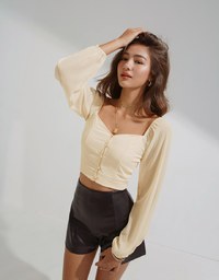 Square Neck Sheer Bead Button Puff Sleeves Crop Top