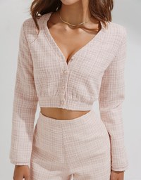 Chic Tweed Long Sleeve Crop Top