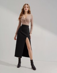 High Waisted Tweed Slit Elastic Maxi Maxi Long Skirt