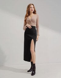 High Waisted Tweed Slit Elastic Maxi Maxi Long Skirt
