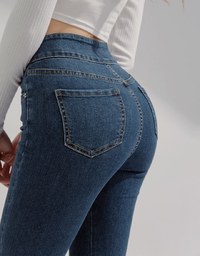 High Waisted Double-Button Slit Flared Denim Jeans Pants