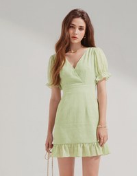 V-Neck Wrinkled Back Tie Lotus Leaf Mini Dress