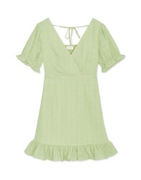 V-Neck Wrinkled Back Tie Lotus Leaf Mini Dress