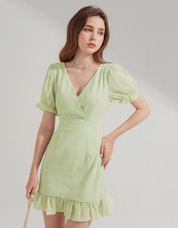 V-Neck Wrinkled Back Tie Lotus Leaf Mini Dress