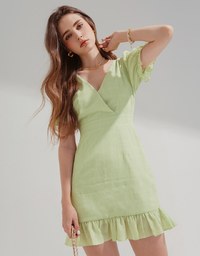 V-Neck Wrinkled Back Tie Lotus Leaf Mini Dress