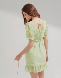 V-Neck Wrinkled Back Tie Lotus Leaf Mini Dress
