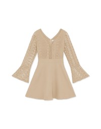 V-Neck Translucent Lace Wide Sleeve Mini Dress