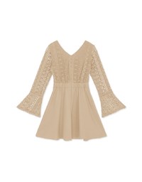 V-Neck Translucent Lace Wide Sleeve Mini Dress