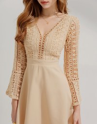 V-Neck Translucent Lace Wide Sleeve Mini Dress