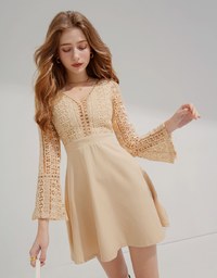 V-Neck Translucent Lace Wide Sleeve Mini Dress
