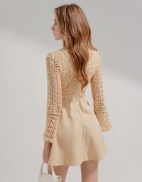 V-Neck Translucent Lace Wide Sleeve Mini Dress