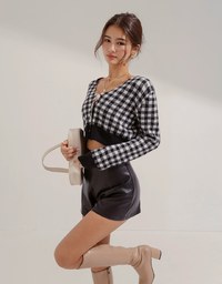 V-Neck Plaid Button-Down Knit Top