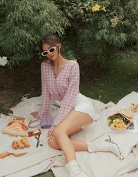 V-Neck Plaid Button-Down Knit Top