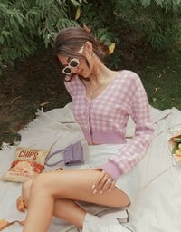 V-Neck Plaid Button-Down Knit Top