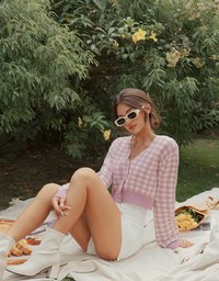 V-Neck Plaid Button-Down Knit Top
