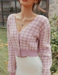 V-Neck Plaid Button-Down Knit Top