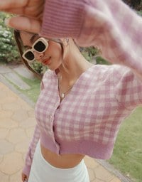 V-Neck Plaid Button-Down Knit Top