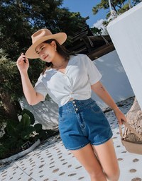 Front Knot Cinched Waist Blouse Shirt