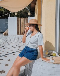 Front Knot Cinched Waist Blouse Shirt