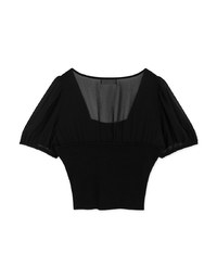 【EVA'S PICK】Square Neck Splice Puff Sleeve Top